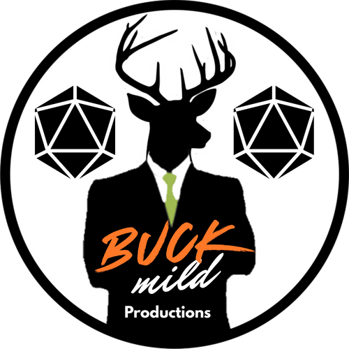 Logo of Buck Mild Productions featuring a silhouette of a deer in a suit with geometric shapes and text.