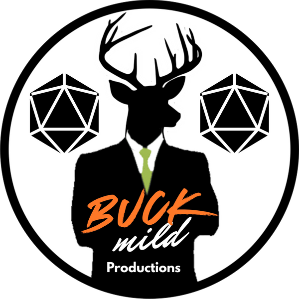 Logo of Buck Mild Productions featuring a silhouette of a deer in a suit with geometric shapes and text.